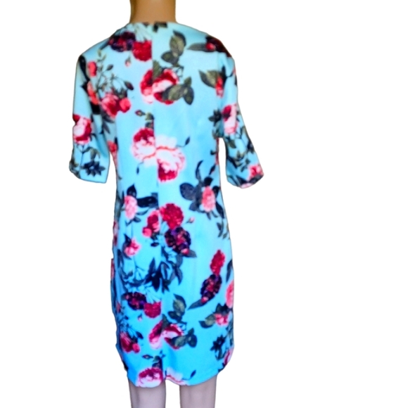👗📏CeCe Woman's Blue Floral Sheath Dress Boat Neckline Knee Length Size Small - Picture 5 of 10